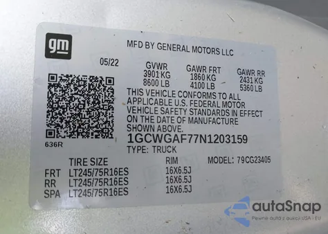 2022 Chevrolet Express Cargo Rwd 2500 Regular Wheelbase Wt z USA, uszkodzony, nr VIN 1GCWGAF77N1203159